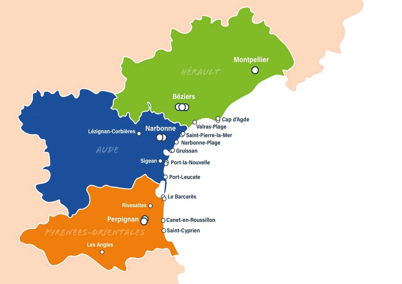 Carte des 26 agences immobilières Agence du Soleil en Occitanie - Aude, Hérault, Pyrénées-Orientales